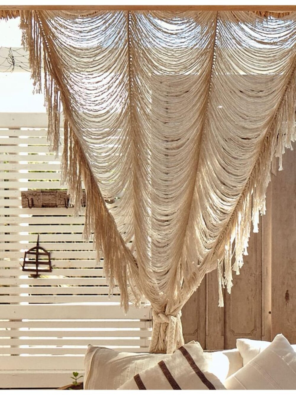 Macrame Curtain White Handmade Boho Room Divider Window Yarn 59"W*75"L